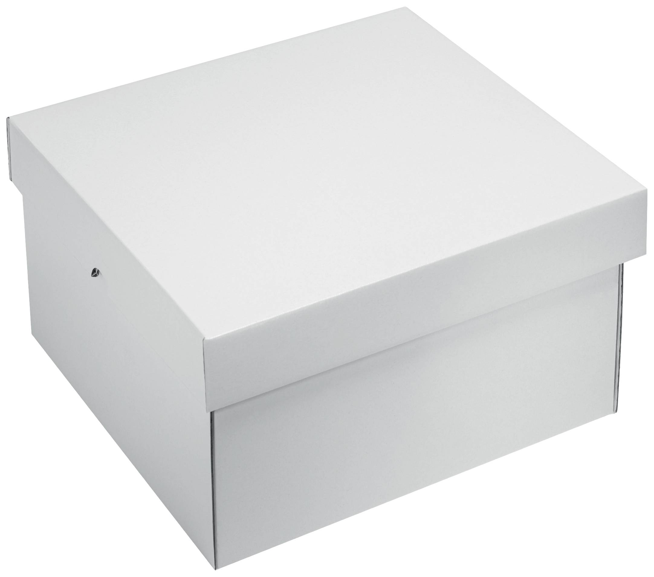 Weiße quadratische Schachtel mit Deckel, geschlossen, ohne erkennbare Markierungen oder Merkmale.