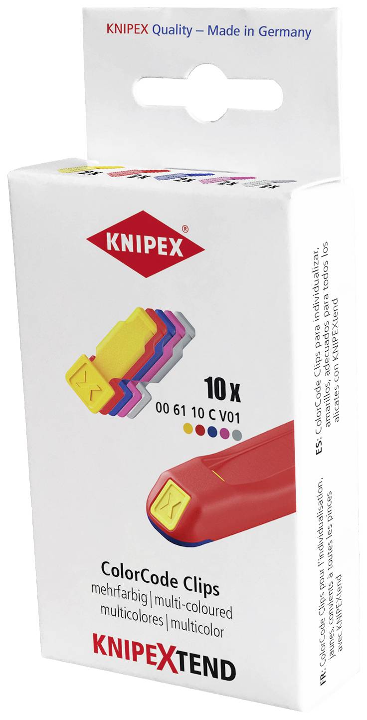Verpackung von Knipex ColorCode Clips, die zehn mehrfarbige Clips enthält. Text: 'Quality – Made in Germany', 'KnipexTend'.