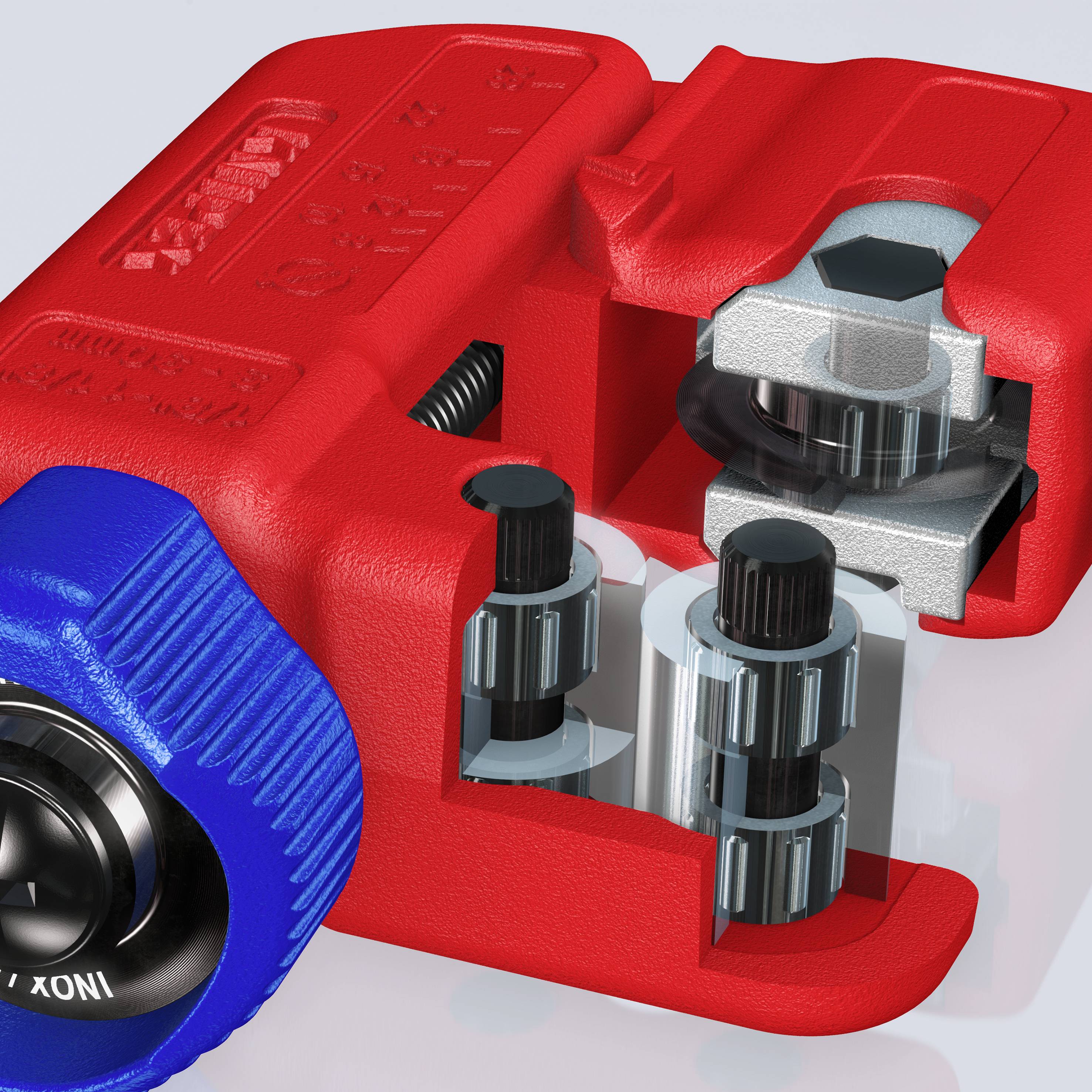 'Ein rotes Kabelschneiderwerkzeug mit blauer Drehkappe und eingebauten Schneidmechanismen für präzises Trennen von Kabeln.'