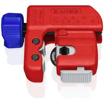 Rotes Rohrschneiderwerkzeug mit blauem Griff und silbernem Schneidrad. Aufschrift: 'KNIPEX'.用于金属管的精确切割。