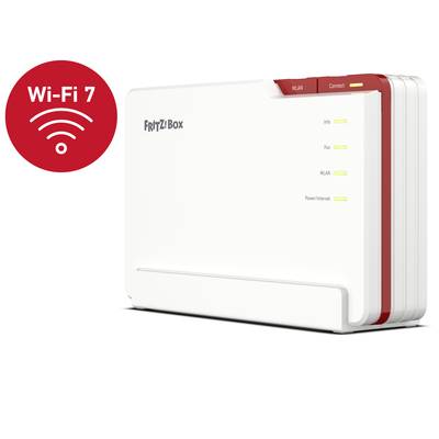 Eine Fritz!Box mit Wi-Fi 7 Logo, zeigt Netzwerkstatusleuchten und Anschlüsse. Hauptsächlich für schnelles WLAN-Netzwerk geeignet.