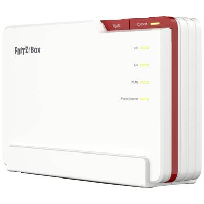 Ein weißer WLAN-Router mit der Aufschrift 'FRITZ!Box', rotem Rand und vier gelben Kontrollleuchten für Info, Fon, WLAN und Power/Internet.