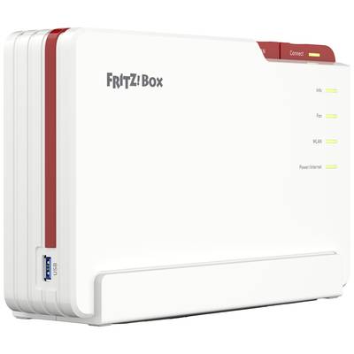 Ein weißer Router mit dem Schriftzug 'Fritz!Box'. Vier Lämpchen rechts anzeigen Status für Info, Fon, WLAN und Power/Internet.