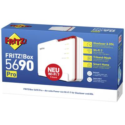 Weiße FRITZ!Box 5690 Pro Router-Verpackung; bietet Glasfaser, Wi-Fi 7, Triband-Mesh und Smart Home-Unterstützung.