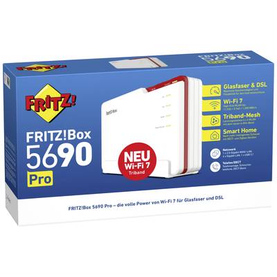 Router-Verpackung der Marke Fritz!Box 5690 Pro, beworben mit Wi-Fi 7, Tri-Band, Mesh-Netzwerk und Smart-Home-Integration.