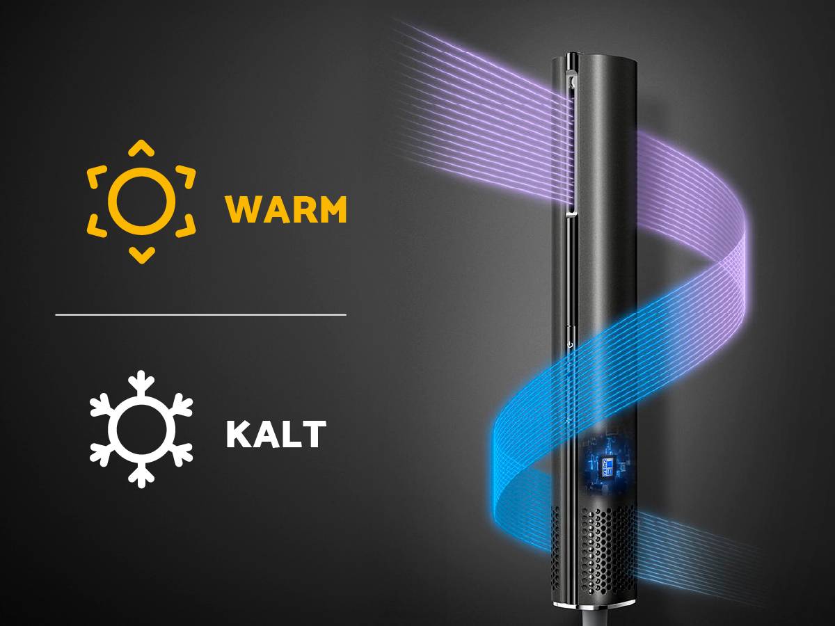 Elektrisches Heizgerät mit zwei Modi: 'Warm' mit gelbem Sonnensymbol und 'Kalt' mit weißem Schneeflockensymbol.