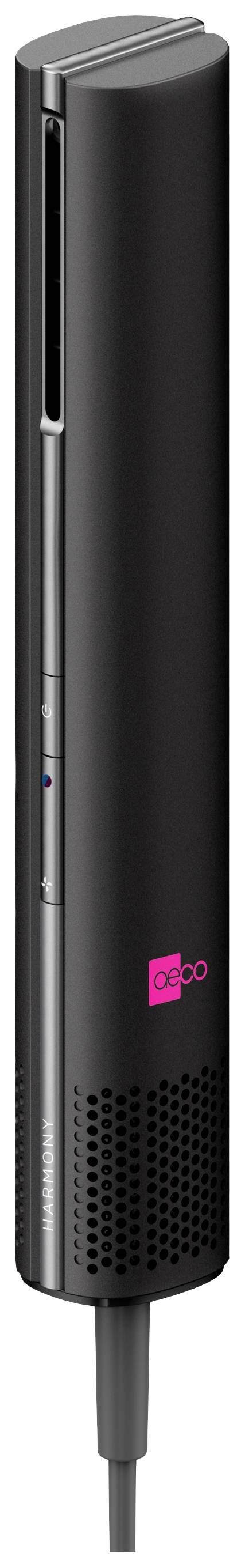 Ein schwarzer Haartrockner mit modernem, schlankem Design und rosa Logo. Geeignet für den Friseurbedarf.