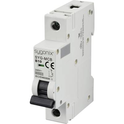 'Einpoliger Leitungsschutzschalter sygonix SYG-MCB B10, 240V, 5000A, IEC/EN60898-1, seitliche Ansicht mit Schalterhebel vorne.'