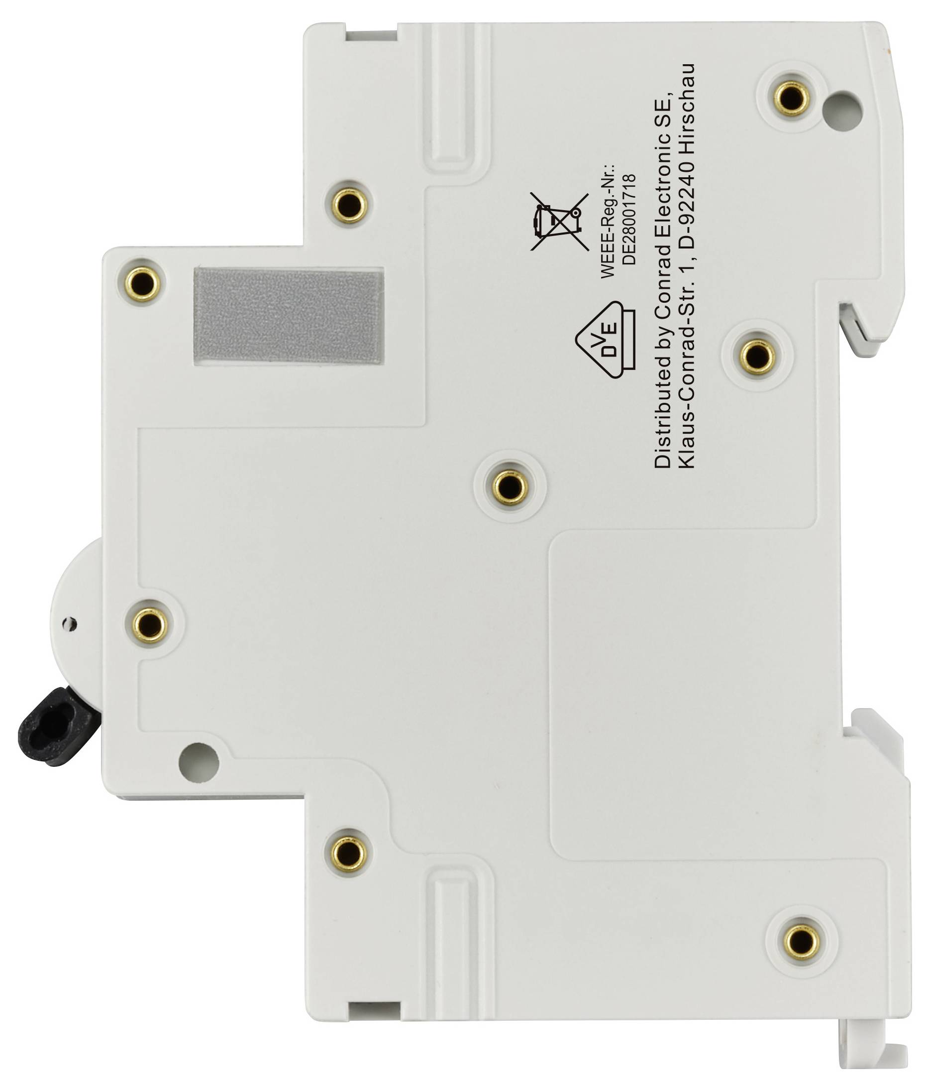 Rückseite eines elektrischen Leistungsschalters mit mehreren Befestigungspunkten und elektrischen Anschlüssen.