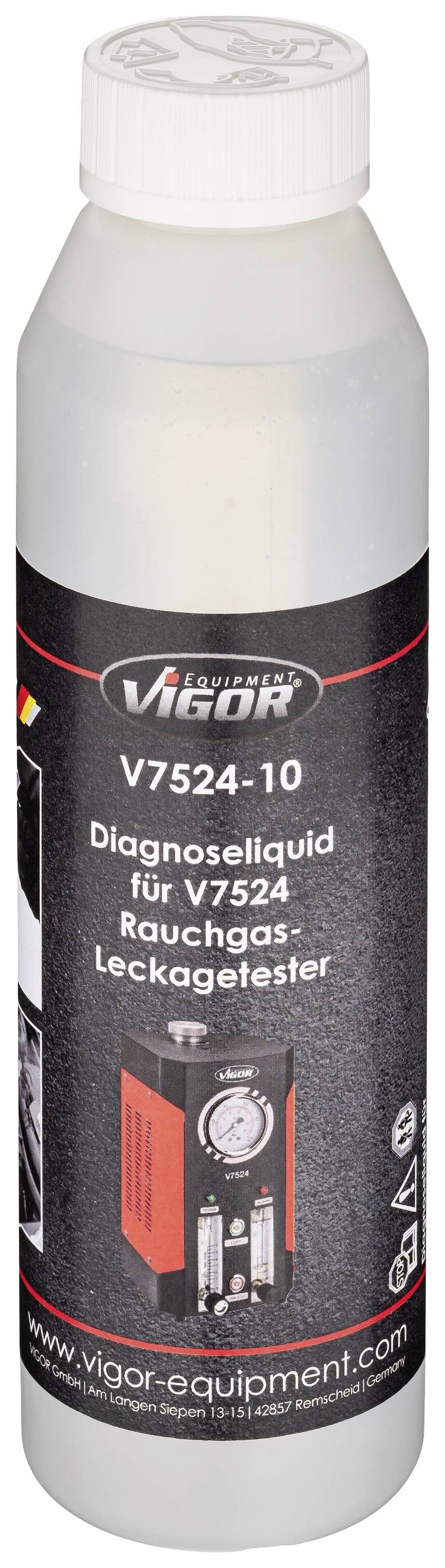 Flasche mit der Aufschrift: 'Vigor V7524 Diagnoseliquid für Rauchgas Leckagetester'.