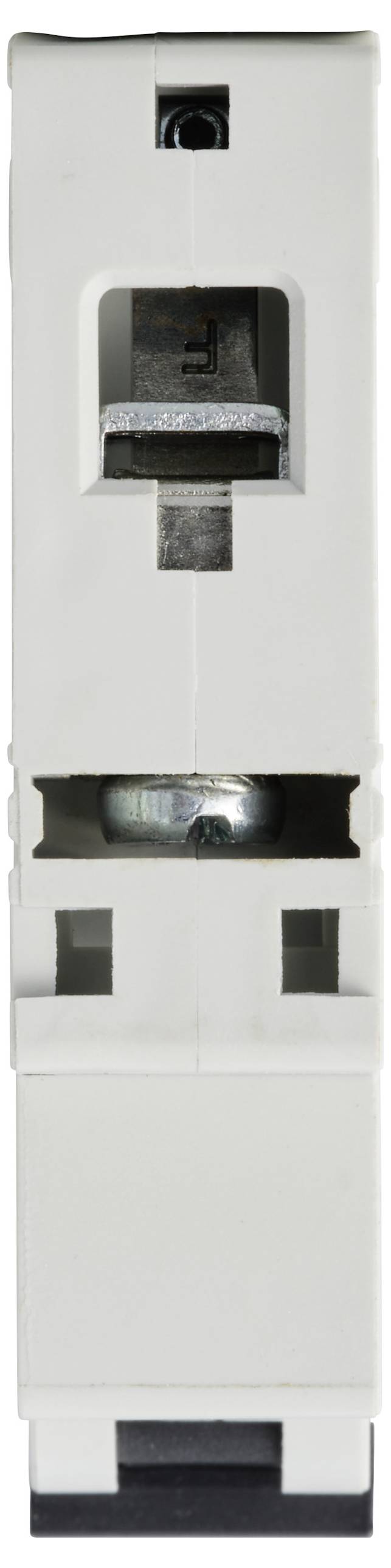 Ein weißer Automat mit Metallkontakten und Plastikgehäuse, zeigt die Vorderansicht eines elektrischen Schalters oder Sicherungsautomaten.