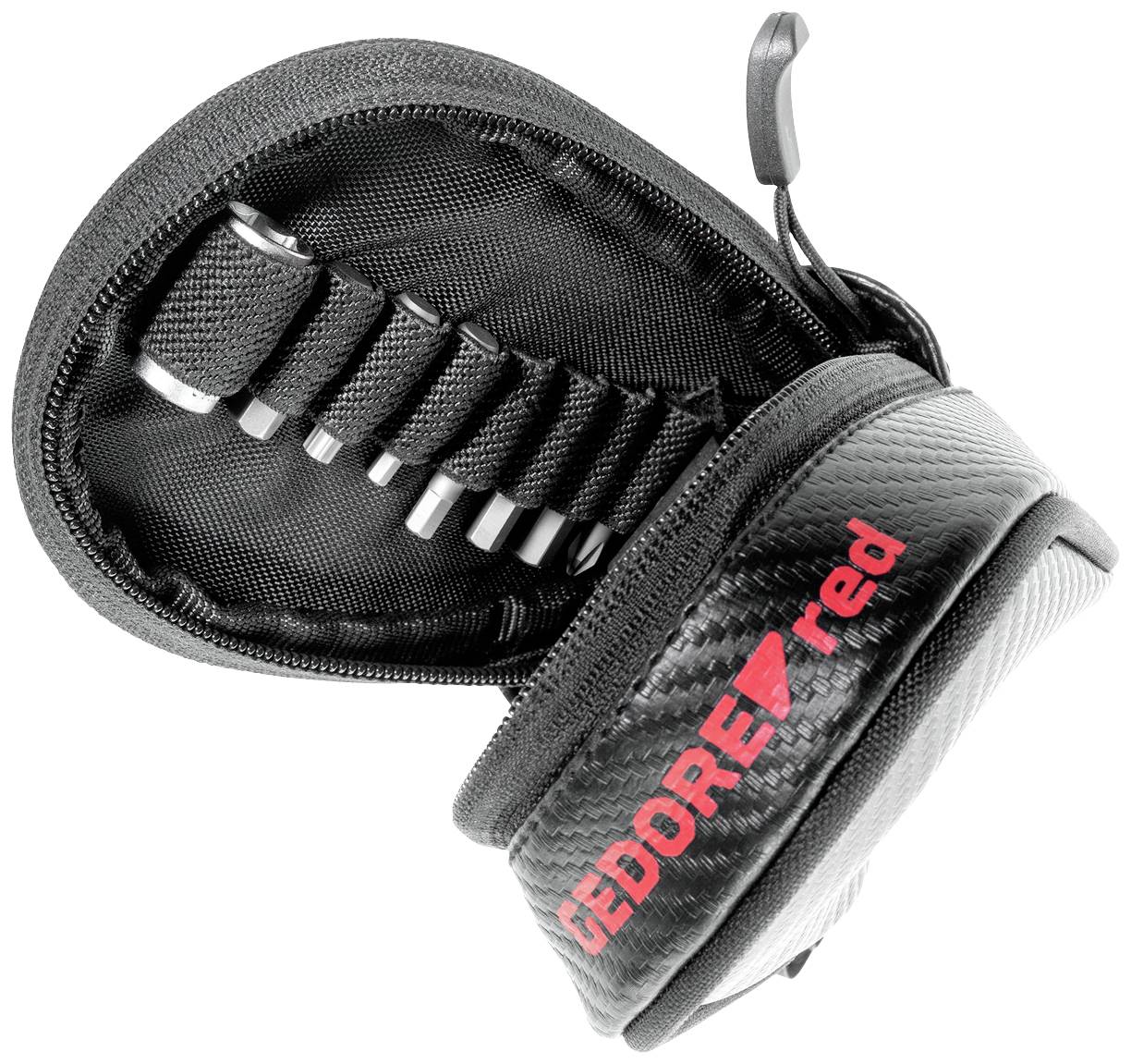 'Kompaktes Gedore Red Werkzeugset mit mehreren Bits, organisiert in einer schwarzen, aufklappbaren Tasche, geeignet für handwerkliche Arbeiten.'