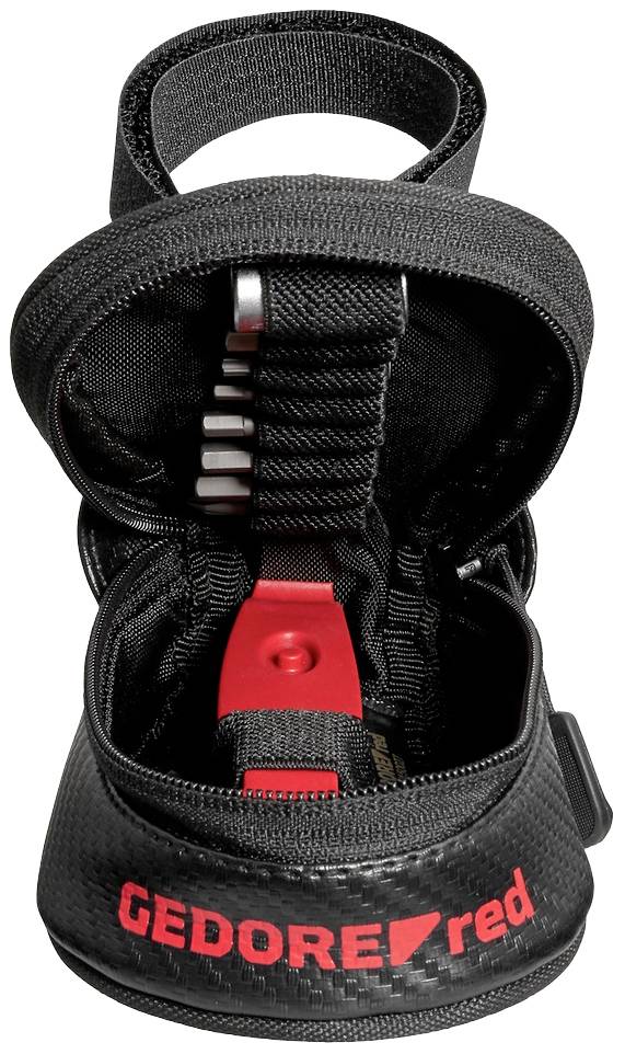 Offene Werkzeugtasche mit sechs Bits und einem roten Werkzeug darin, Aufschrift 'GEDORE red'.