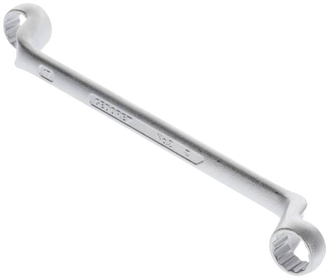 Ein silberner Ringschlüssel mit zwei verschiedenen Größen an beiden Enden, geeignet für mechanische Arbeiten.