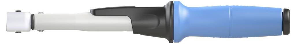 Ein blau-schwarzer ergonomischer Griff mit einer weißen Befestigung, höchstwahrscheinlich ein Werkzeug oder eine Gerätekomponente, aus der Seitenansicht.