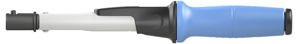 Ladegriff eines EV-Ladegeräts mit blauem Griff und schwarzem Auslösehebel, von der Seite betrachtet.