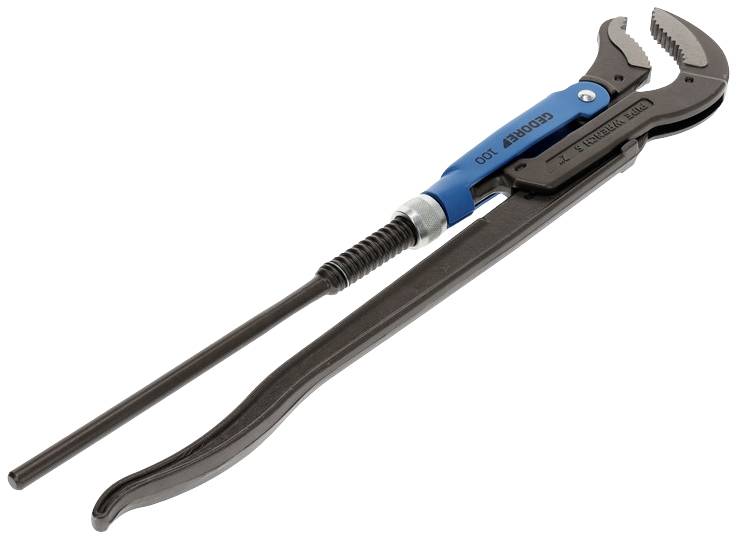 Rohrzange mit blauem Griff, geeignet für Installationsarbeiten, zeigt offenen Kiefermechanismus zum Greifen von Rohren.
