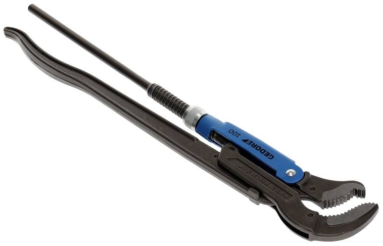Eine Rohrzange mit blauem Griff und starker stählernen Struktur, geeignet für das Greifen und Drehen von Rohren.
