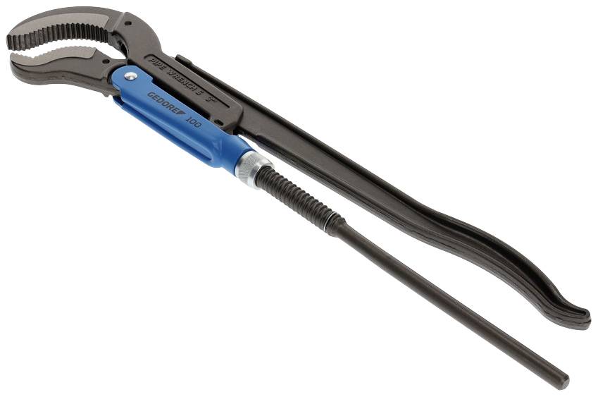 Eine verstellbare Rohrzange liegt quer, zeigt ihren Greifmechanismus und den blauen Griff.