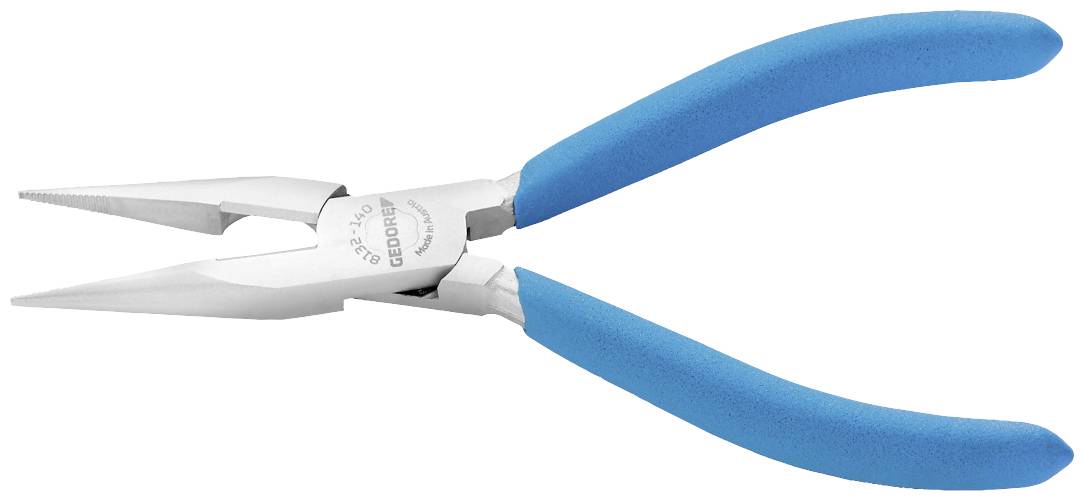 Blau gefärbte Spitzzange mit gezackten Backen, geeignet für präzises Greifen und Schneiden in handwerklichen oder elektrischen Arbeiten.
