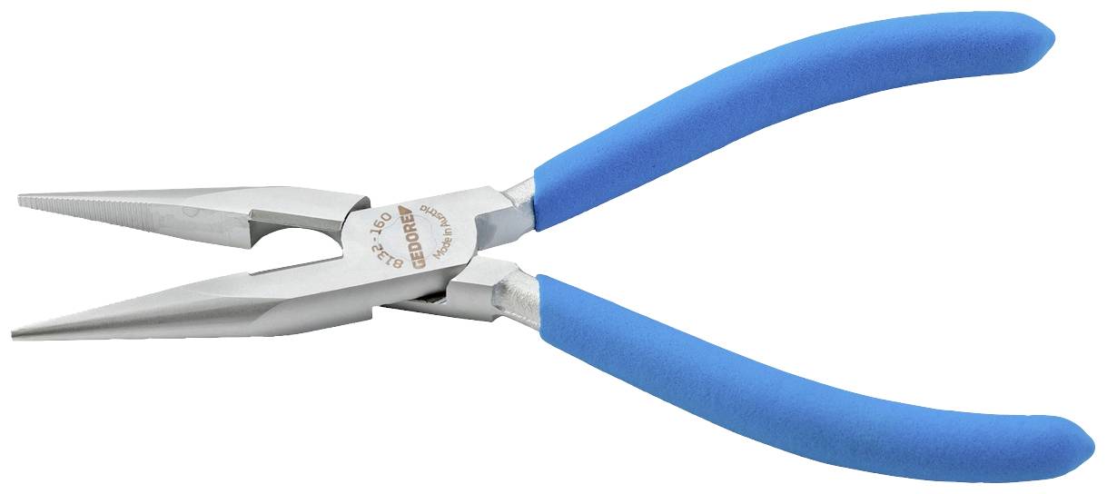 Lange Spitzzange mit blauen Griffen, aus Metall gefertigt, häufig in handwerklichen und elektrischen Arbeiten verwendet.