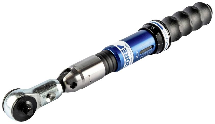 Ein verstellbarer Drehmomentschlüssel mit blauem Griff, geeignet für präzises Anziehen von Schrauben in technischen und mechanischen Anwendungen.
