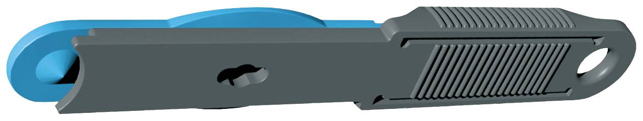 Ein blau-schwarzes, stabförmiges Werkzeug mit gezackter Oberfläche, möglicherweise ein Schneidwerkzeug oder Gerätebestandteil.