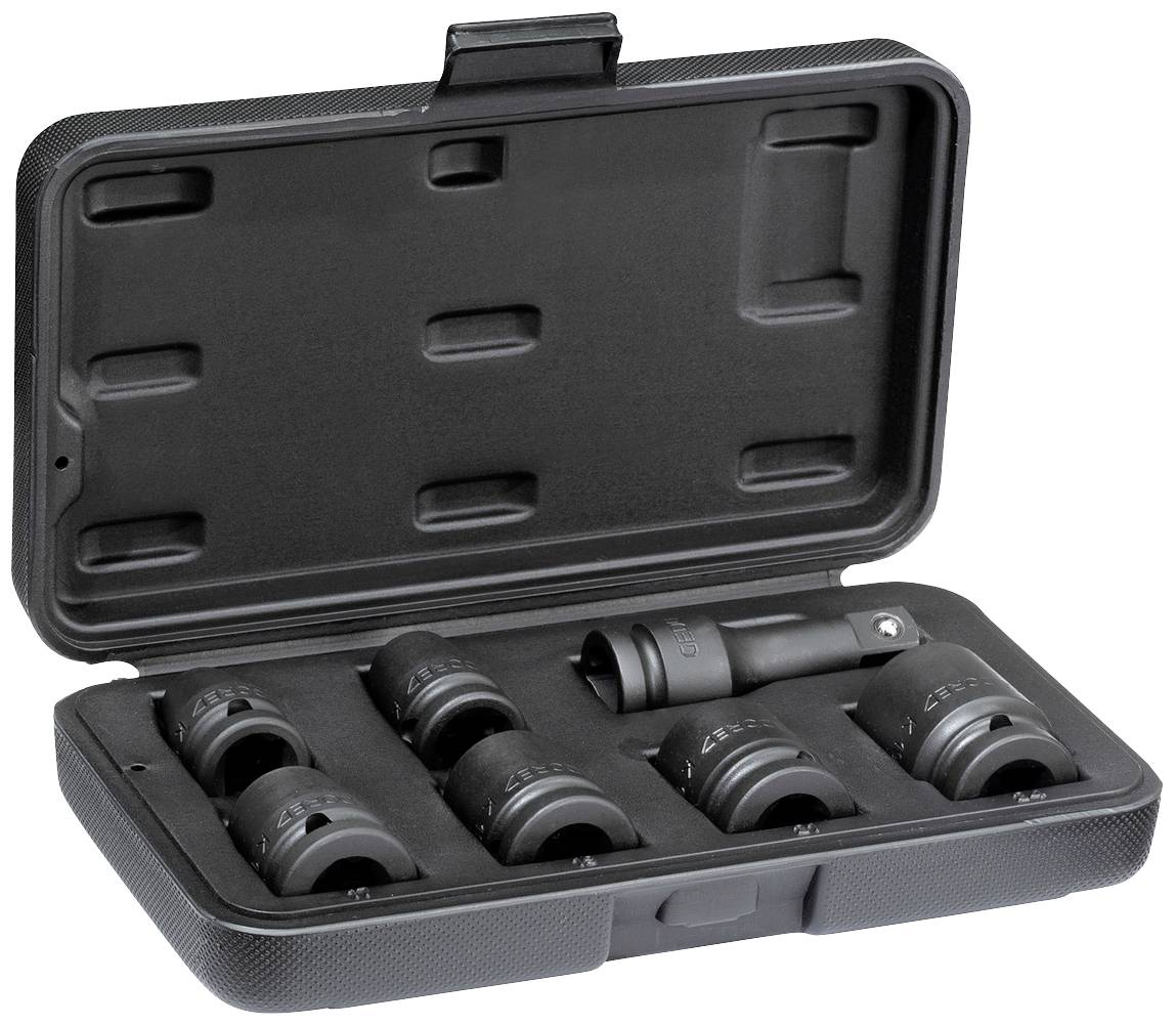 Kunststoffkoffer mit sieben Stecknüssen und einem Adaptereinsatz. Ideal für Reparaturarbeiten und Werkzeugaufbewahrung.