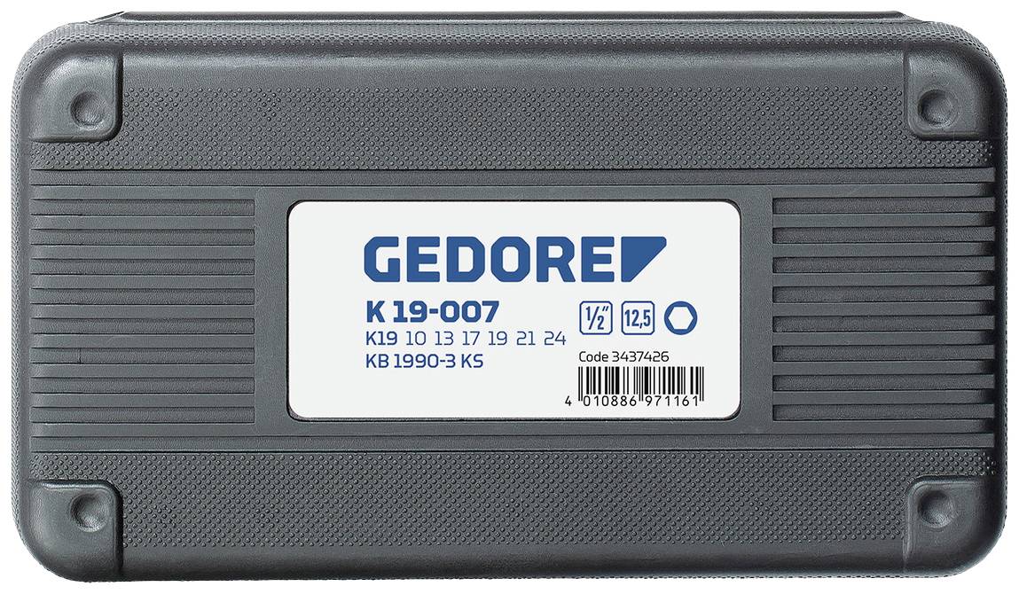 Ein grauer Kunststoffkoffer mit der Aufschrift 'GEDORE K 19-007', zeigt metrische Größen von 10 bis 24 mm für Steckschlüsselsätze.
