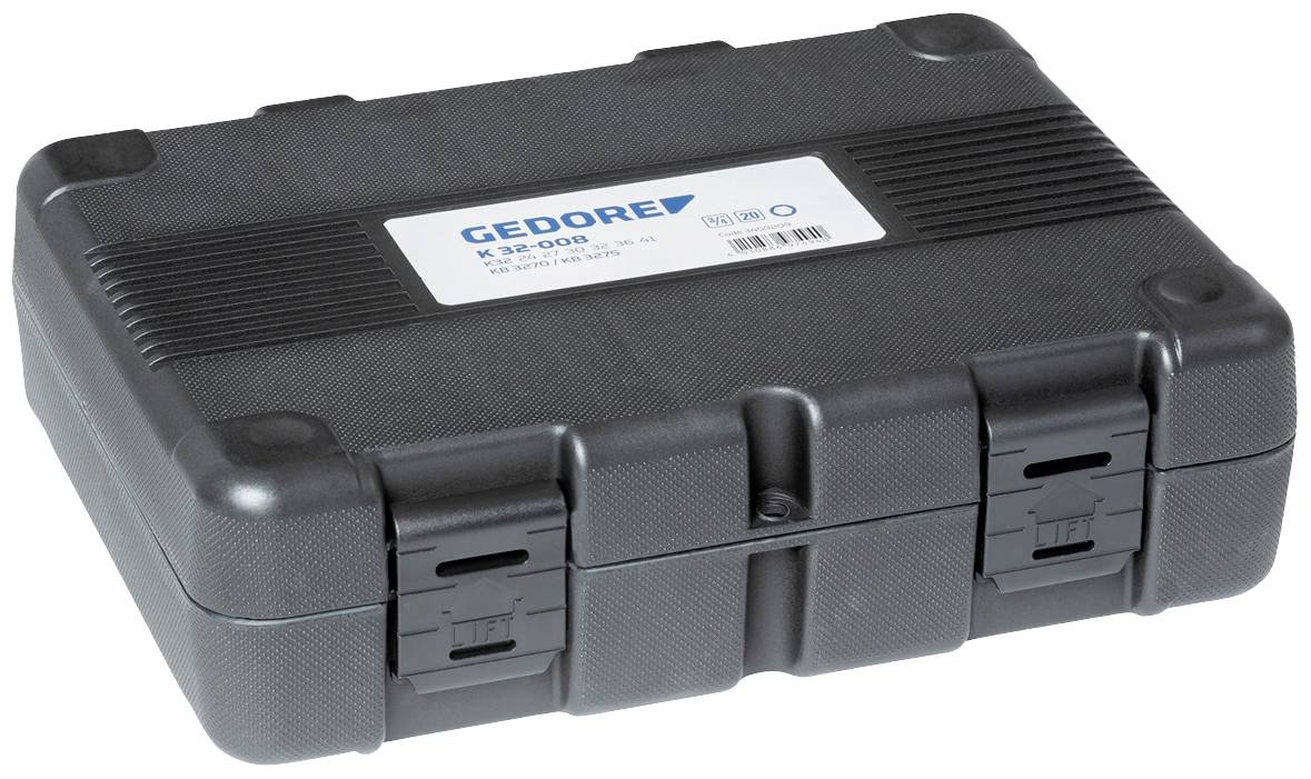Schwarzer Werkzeugkoffer mit zwei schwarzen Verschlüssen und einem weißen Etikett mit der Aufschrift 'GEDORE K 19 D D91'.