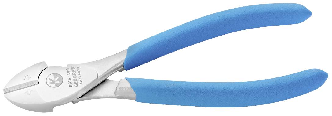 Eine silberne Seitenschneider-Zange mit blauen Griffen. Sie wird zum Schneiden von Drähten und ähnlichen Materialien verwendet.
