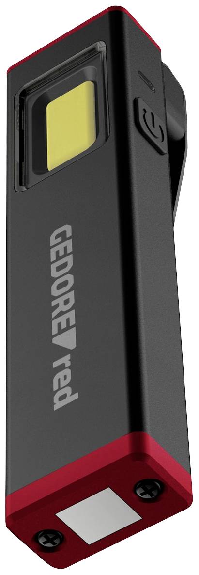 Schwarze LED-Taschenlampe mit rotem Rand und Markenlogo an der Seite. Quadratförmiger Lichtschein und Ein-/Ausschalter an der Oberseite.