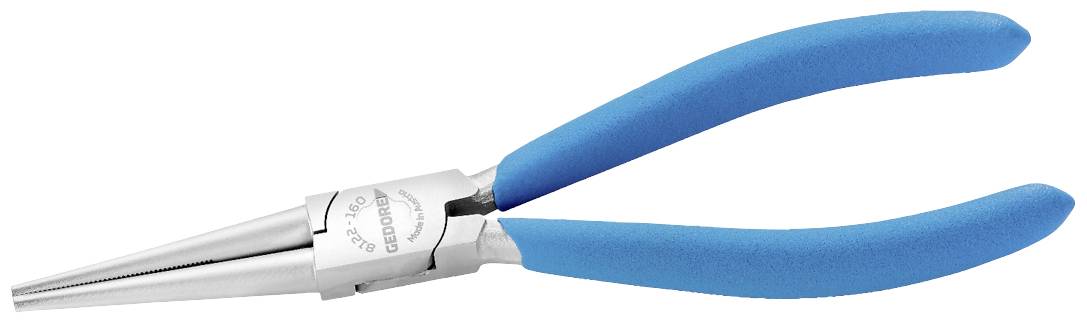 Eine spitze Zange mit blauen Griffen liegt auf einem weißen Hintergrund. Ideal zum präzisen Biegen von Draht oder kleinen Materialien.
