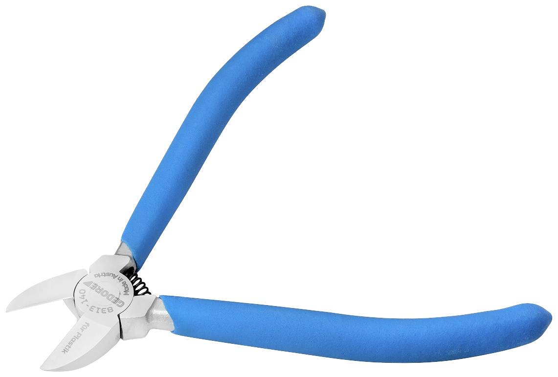 Blauer Seitenschneider mit metallischen, scharfen Klingen und Gummi-Griffen, geeignet zum Schneiden von Draht oder dünnen Metallen.