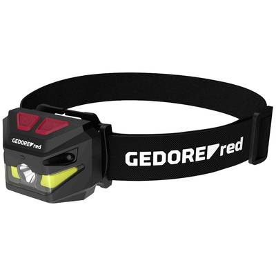 Schwarze Stirnlampe mit verstellbarem Gurt, LED-Licht vorne und 'GEDORE red'-Logo auf der Seite des Gurts.