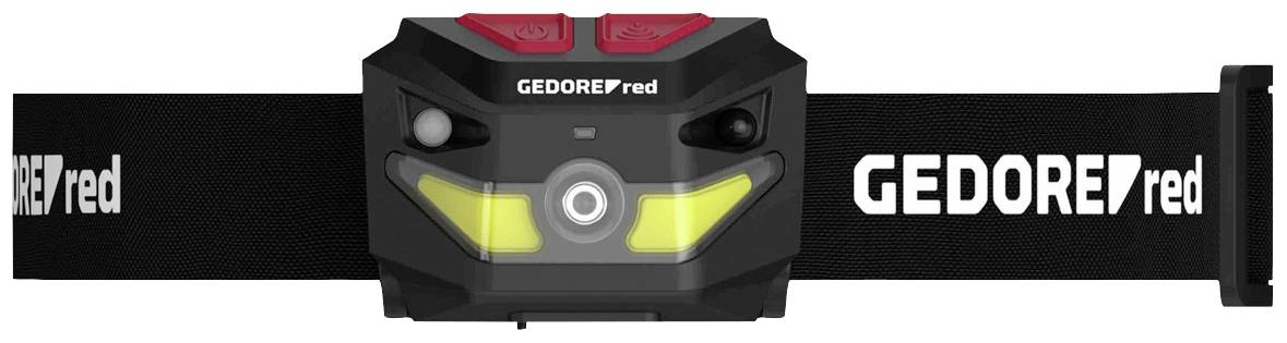 Stirnlampe 'GEDORE red' mit schwarzem Band und rotem Knopf oben, LED-Leuchten in Gelb und Weiß, für Outdoor-Aktivitäten.