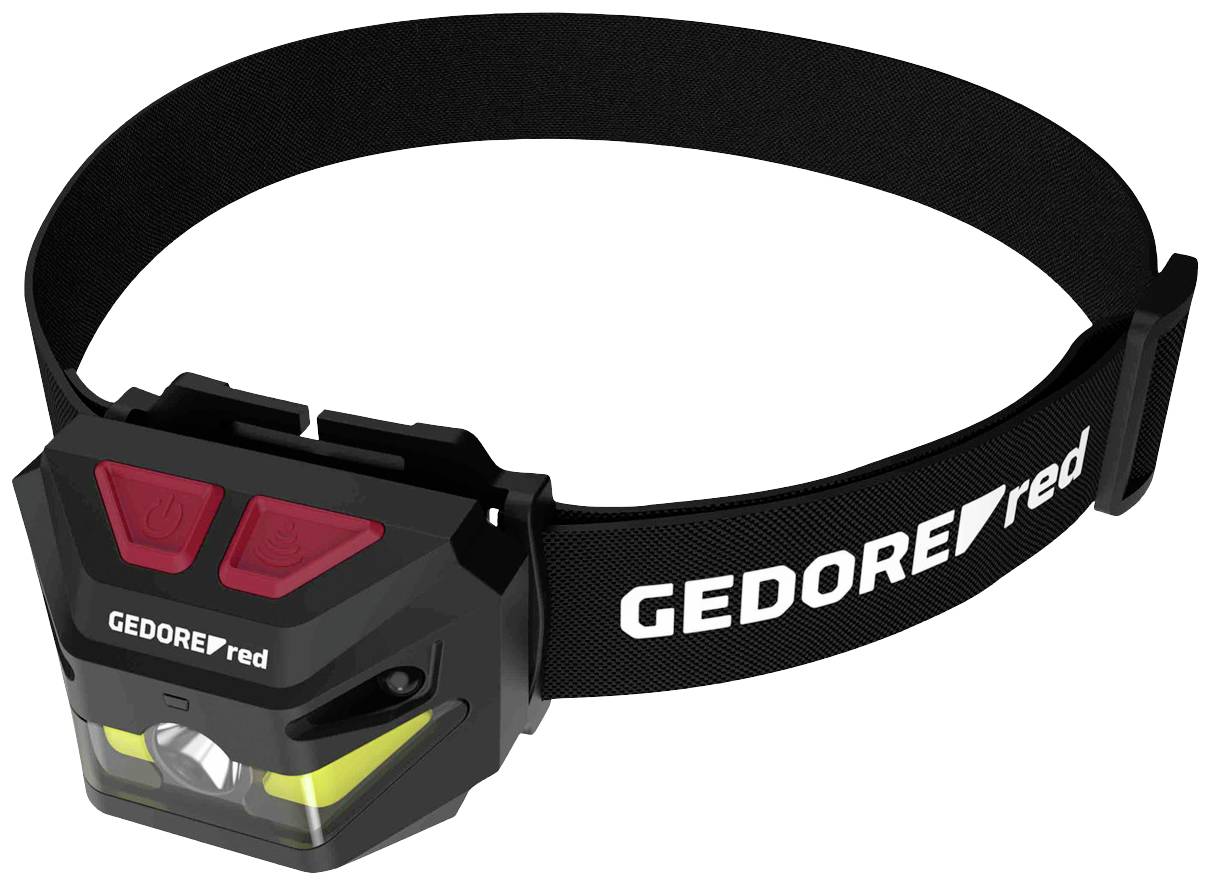 'Silberne GEDORE red Stirnlampe mit schwarzem Gummiband und roten Knöpfen, ideal zum Freihandarbeiten in dunklen Umgebungen.'