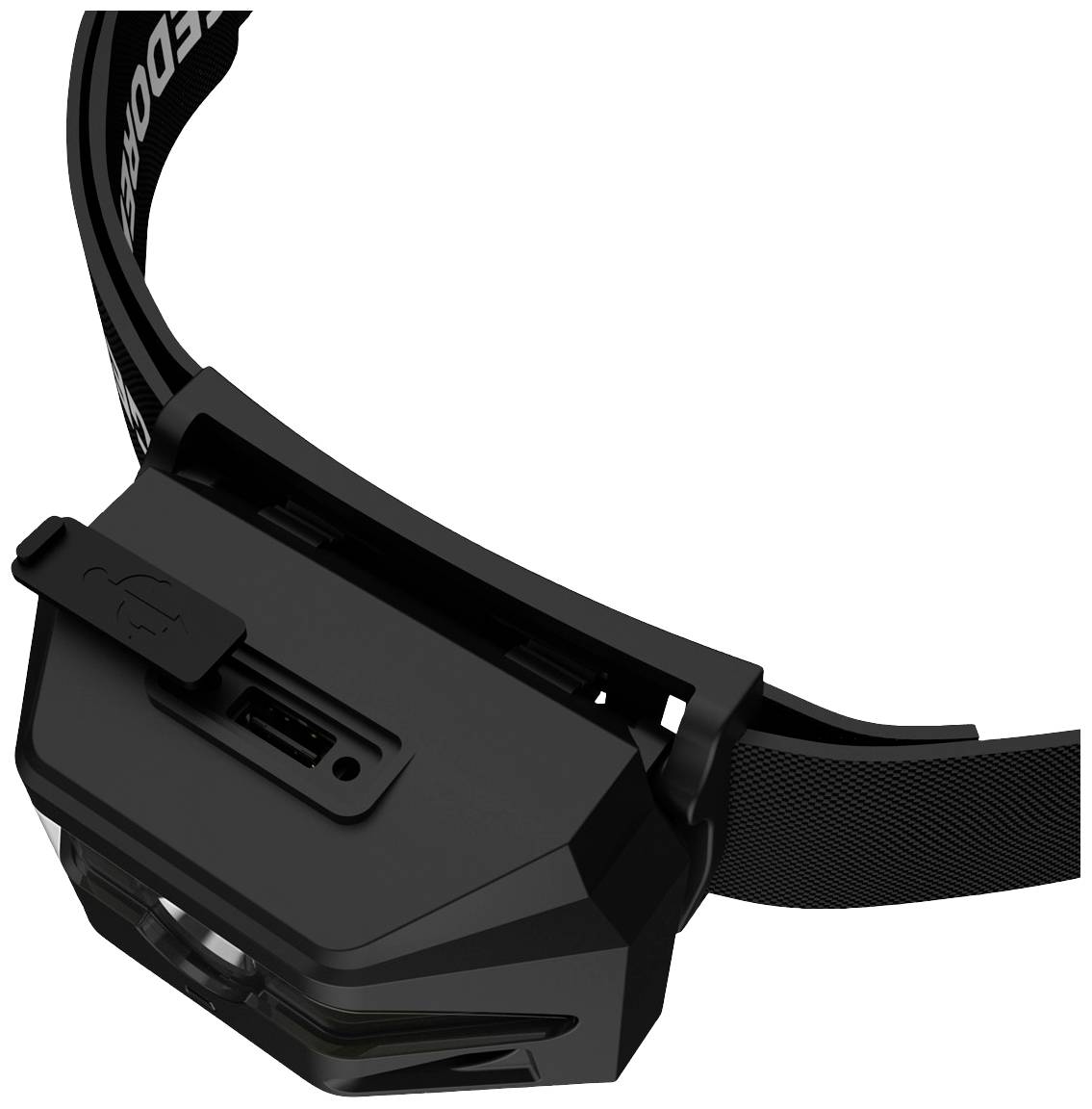 Schwarze Stirnlampe mit verstellbarem Band und USB-Anschluss an der Seite für einfache Aufladung. Ideal für Outdoor-Aktivitäten.