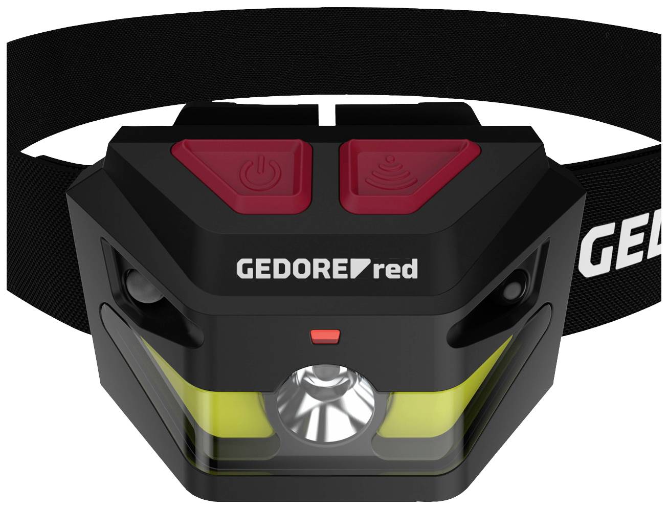Eine schwarze Kopflampe mit LED-Licht und rotem Knopfpaar, markiert mit 'GEDORE red'. Verstellbares Kopfband für den Gebrauch im Dunkeln.