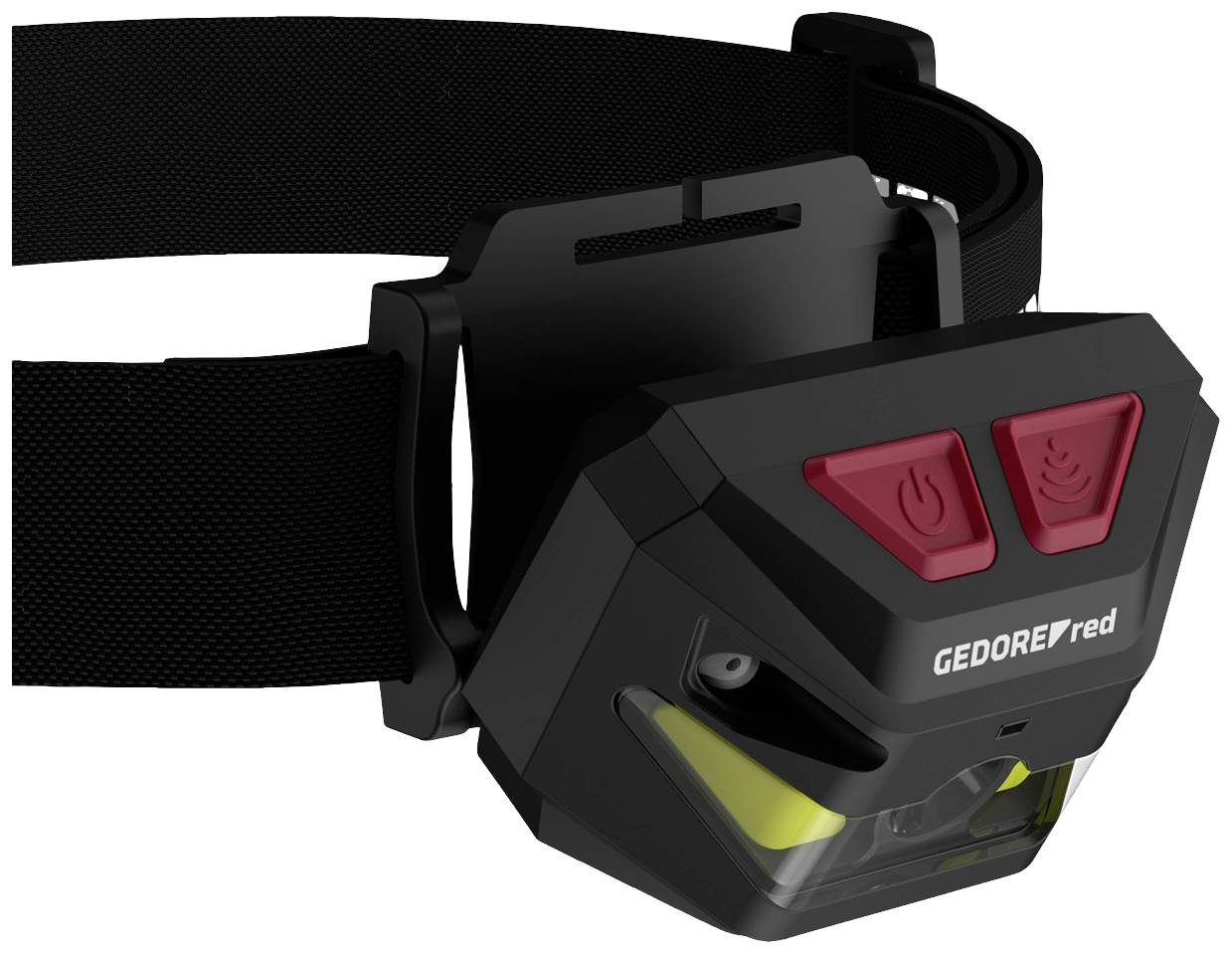 Eine schwarze LED-Stirnlampe mit verstellbarem Band, roten Knöpfen und der Aufschrift 'Gedore red', geeignet für den Einsatz bei Dunkelheit.