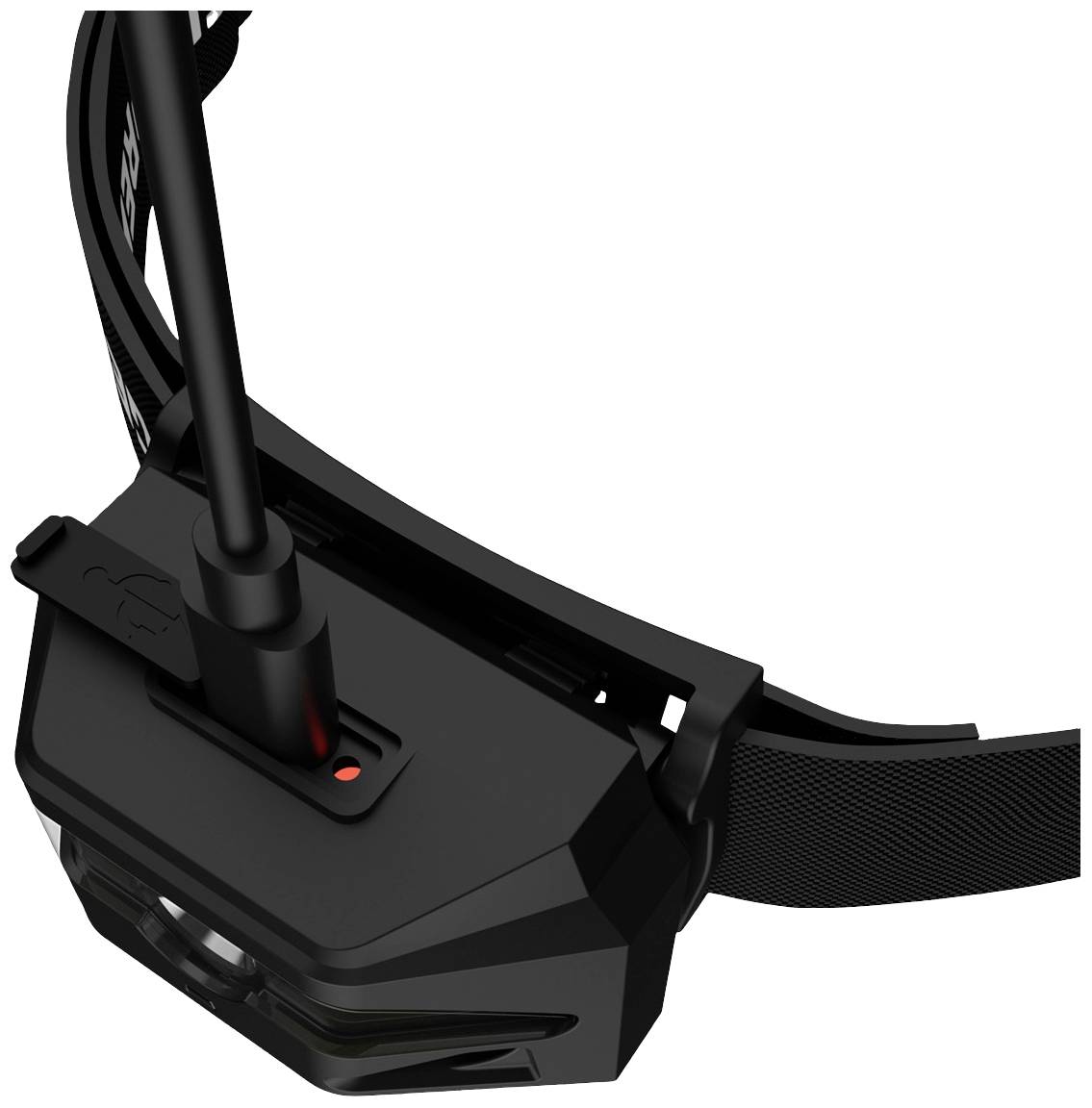 Schwarzes Stirnband mit LED-Lampe und USB-Anschluss zum Aufladen in Nahaufnahme.