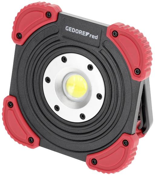 Ein tragbarer LED-Arbeitsstrahler von Gedore red mit schwarzem Gehäuse und roten Eckpolstern. Der Strahler ist quadratisch.