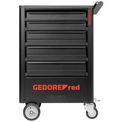 Schwarzer Werkzeugwagen mit sieben Schubladen, auf Rollen. Aufschrift 'GEDORE red' in roter Farbe. Modellnummer: R2015206.