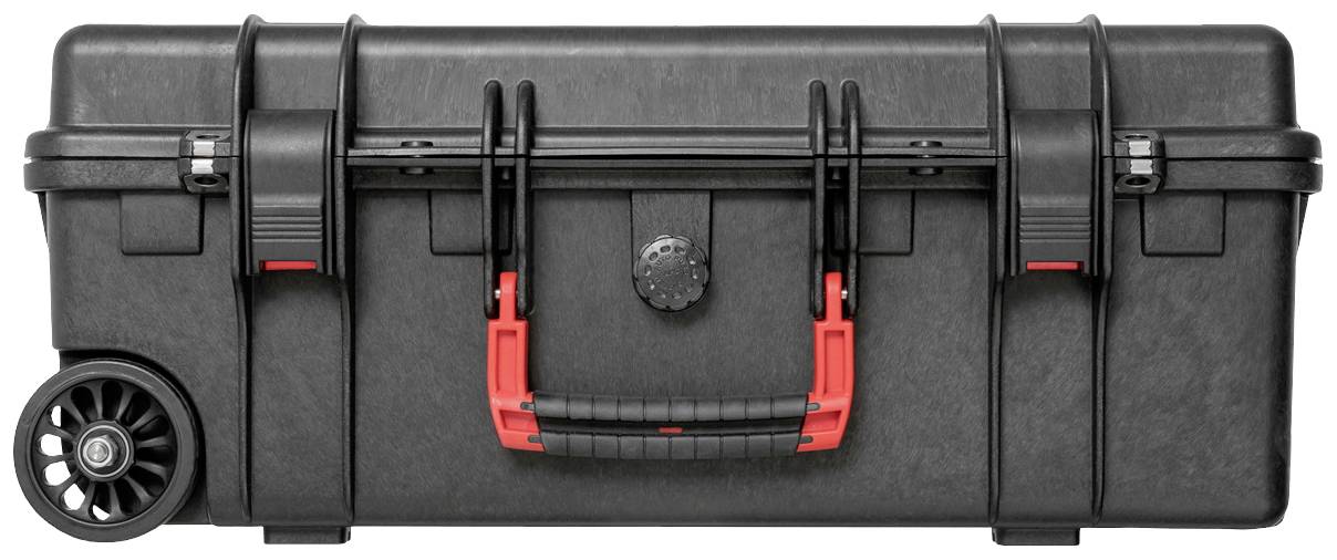 Schwarzer Rollkoffer mit rotem Griff und Rädern, für sicheren Transport von empfindlichen Geräten.