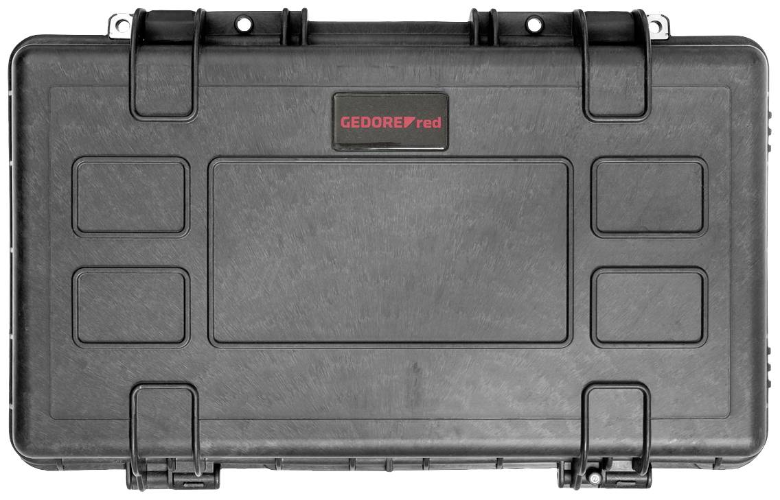 Ein schwarzer Werkzeugkoffer mit vier Verschlüssen und einem roten 'GEDORE red'-Logo in der Mitte, geschlossen und kompakt.
