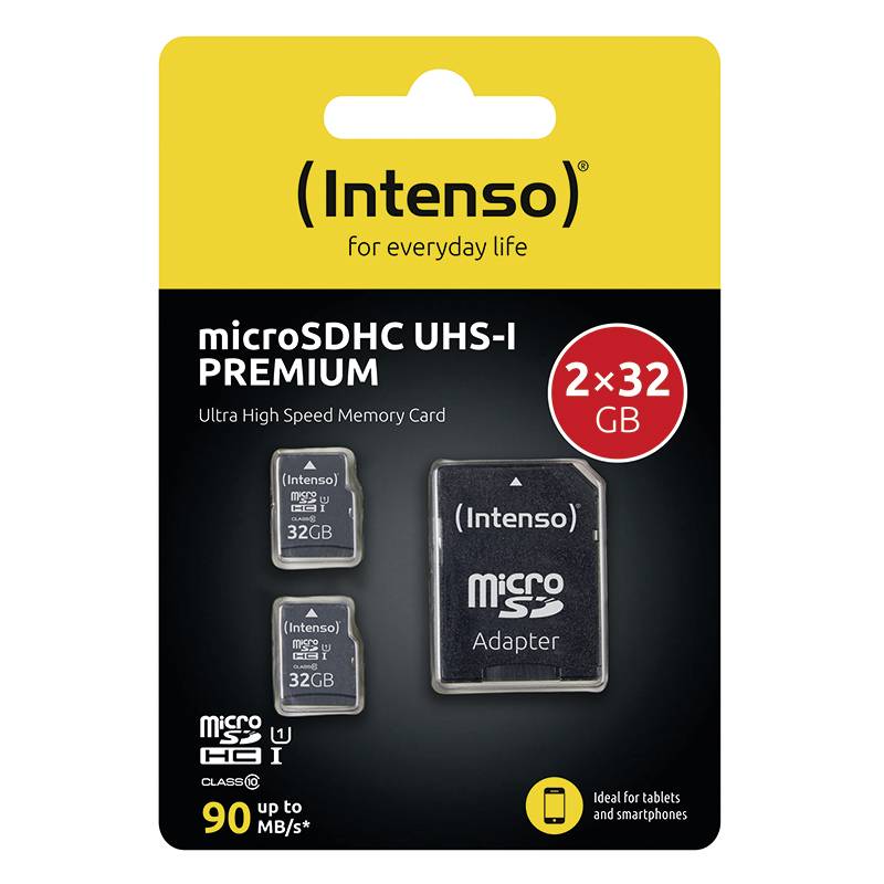 Verpackung von 'Intenso' microSDHC UHS-I Premium Speicherkarten, 2 Stück je 32 GB, enthält Adapter, Geschwindigkeit bis zu 90 MB/s.