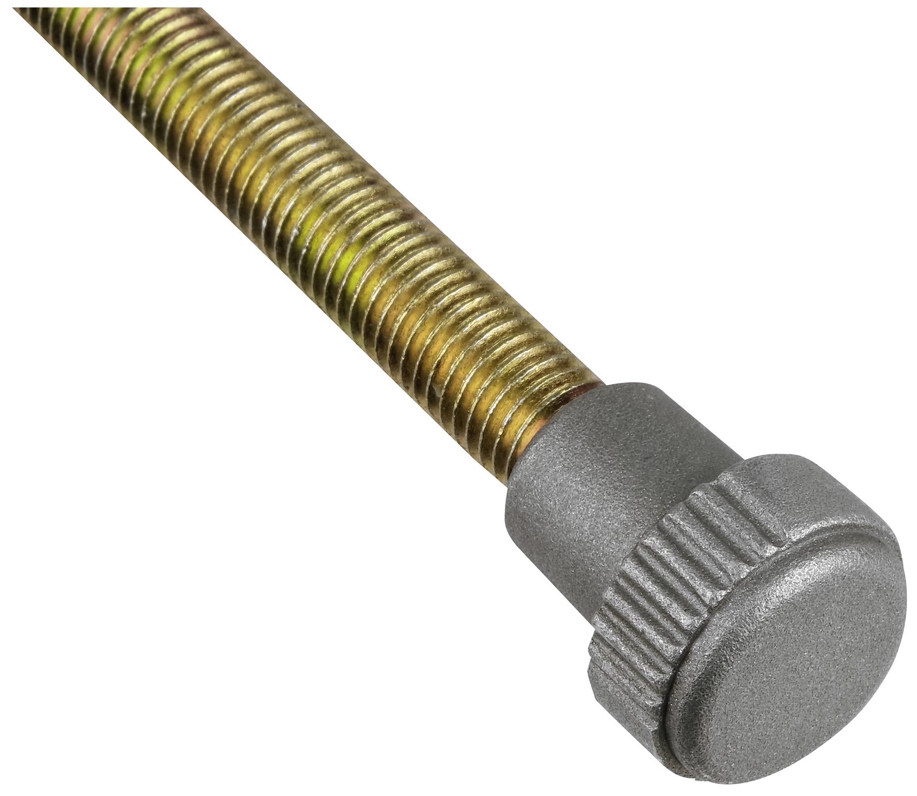 Eine metallische Schraube mit geriffeltem Kopf und Gewinde. Sie ist an einem Ende mit einem runden, gerändelten Drehknopf versehen.