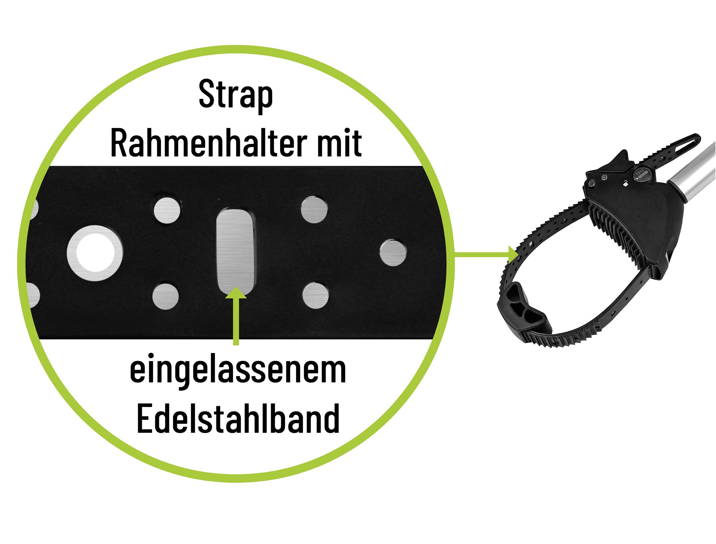 'Strap Rahmenhalter mit eingelassenem Edelstahlband' zeigt ein schwarzes Halteband mit Löchern und einem integrierten Edelstahlband.