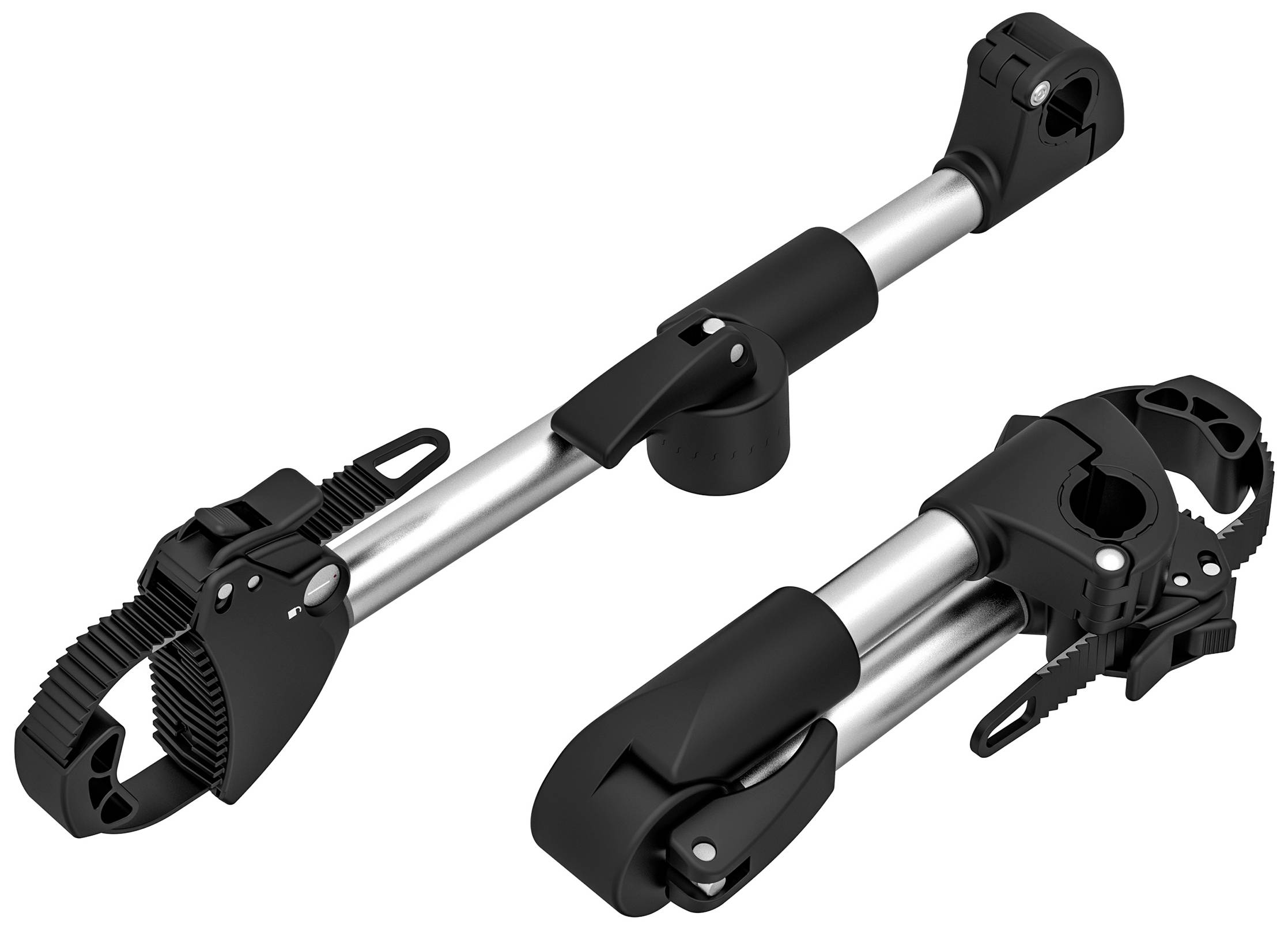 Zwei Fahrradhalterungen aus Metall mit schwarzen Kunststoffklemmen, geeignet für die Befestigung an Fahrradträgern oder Rahmen.