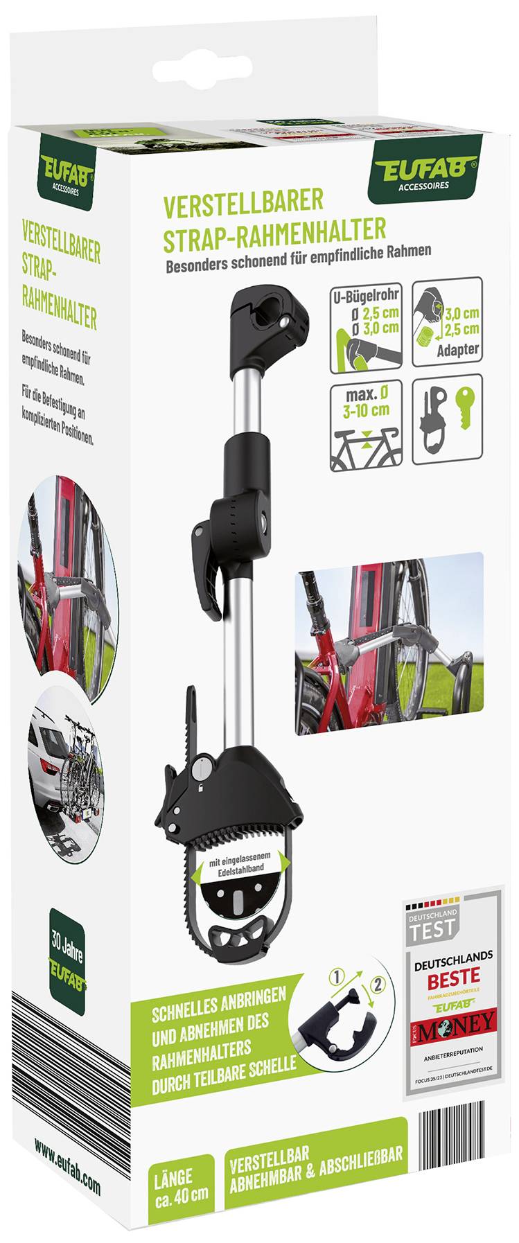 Verpackung eines verstellbaren Fahrrad-Trägerbügels mit Abbildungen und Piktogrammen zur Anwendung. Text auf Verpackung zeigt 'Verstellbarer Strap-Rahmenhalter'.